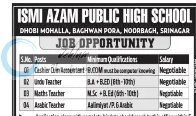 Ismi Azam Public High School IAPHS Srinagar teaching job opportunities 2026