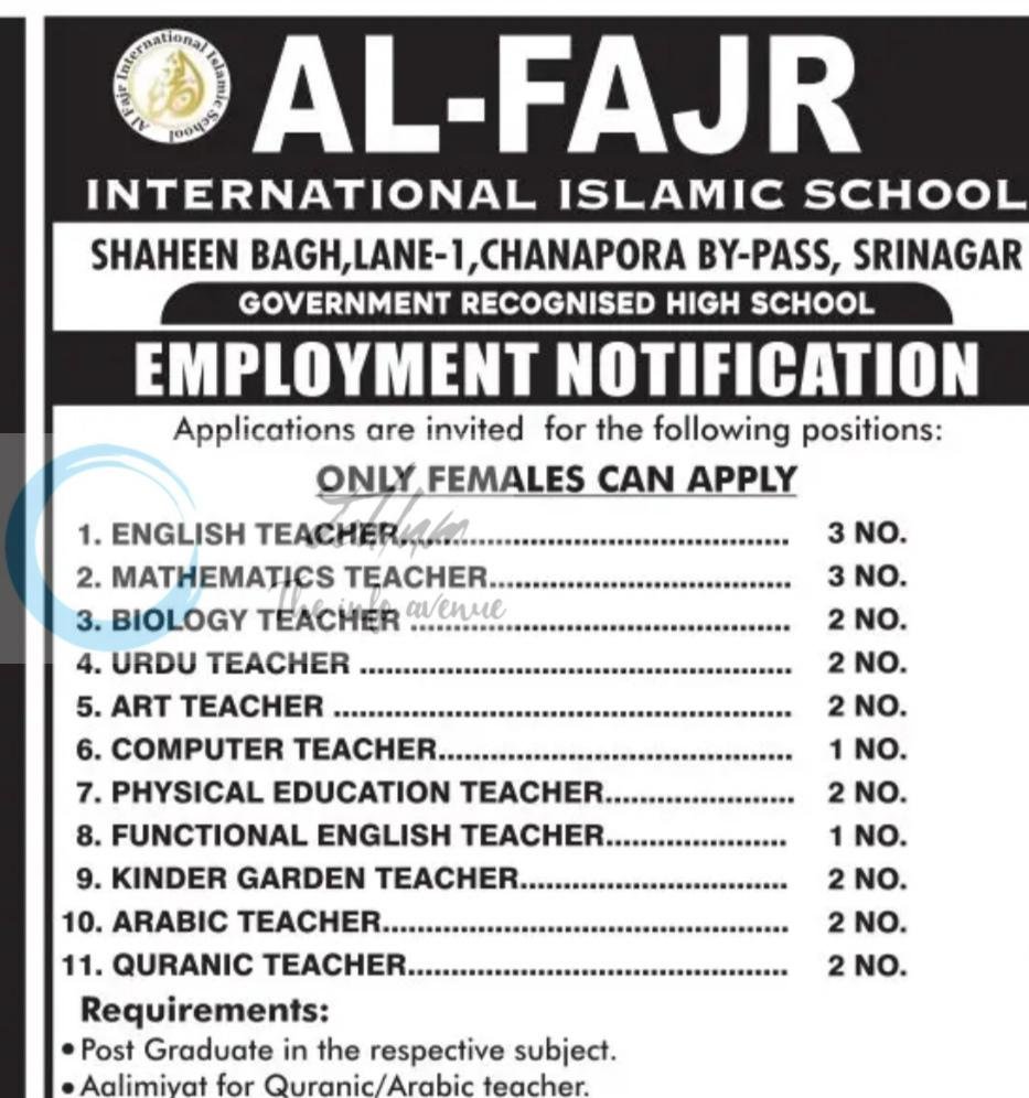 Al Fajr International Islamic School AL FAJR Srinagar teaching job opportunities 2026