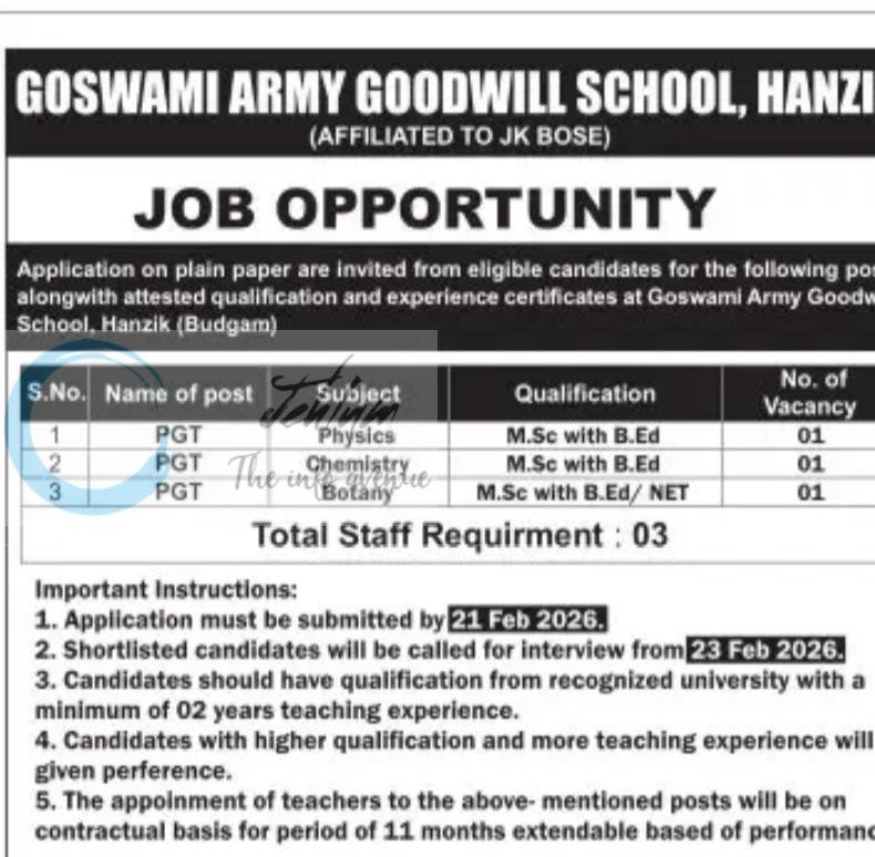 Goswami Army Goodwill School Budgam teaching job opportunities 2026