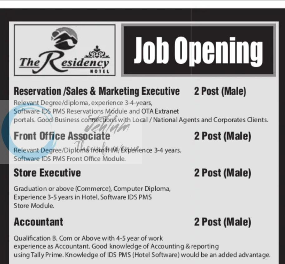 The Residency Hotel Srinagar office staff job opportunities 2026