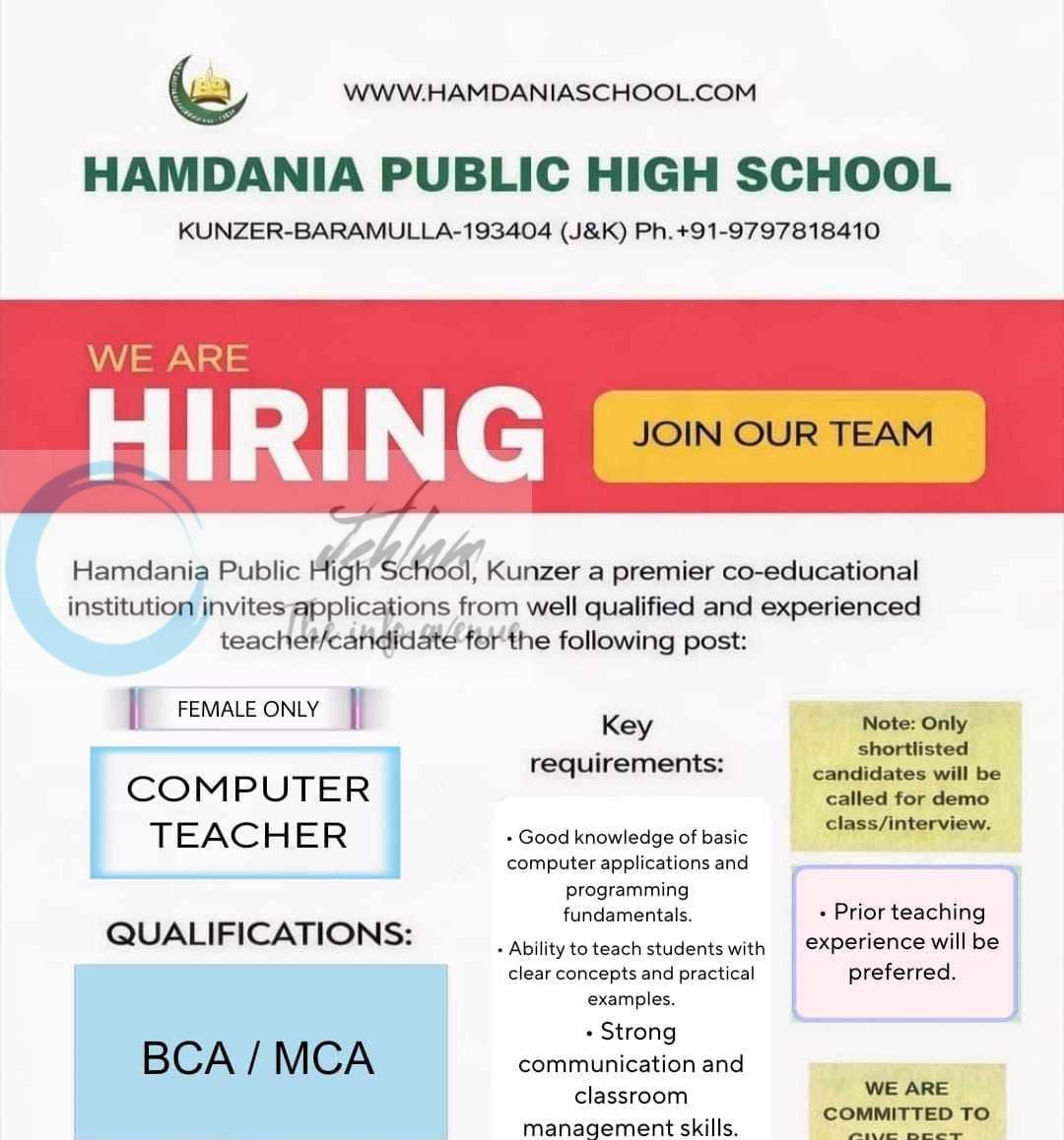 Hamdania Public High School Kunzer Computer Teacher job opportunities 2026