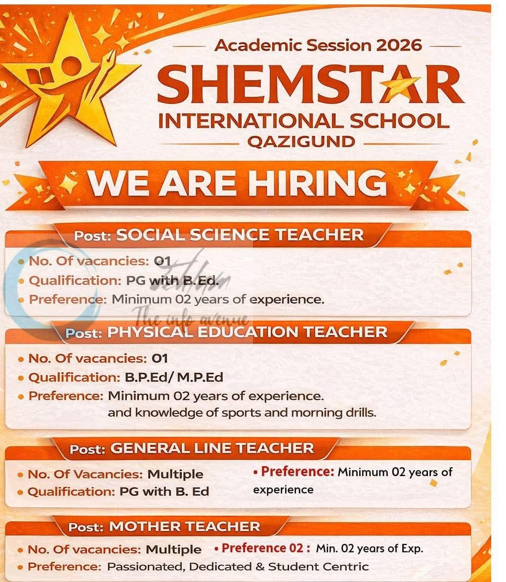 Shemstar International School SIS Qazigund teaching job opportunities 2026
