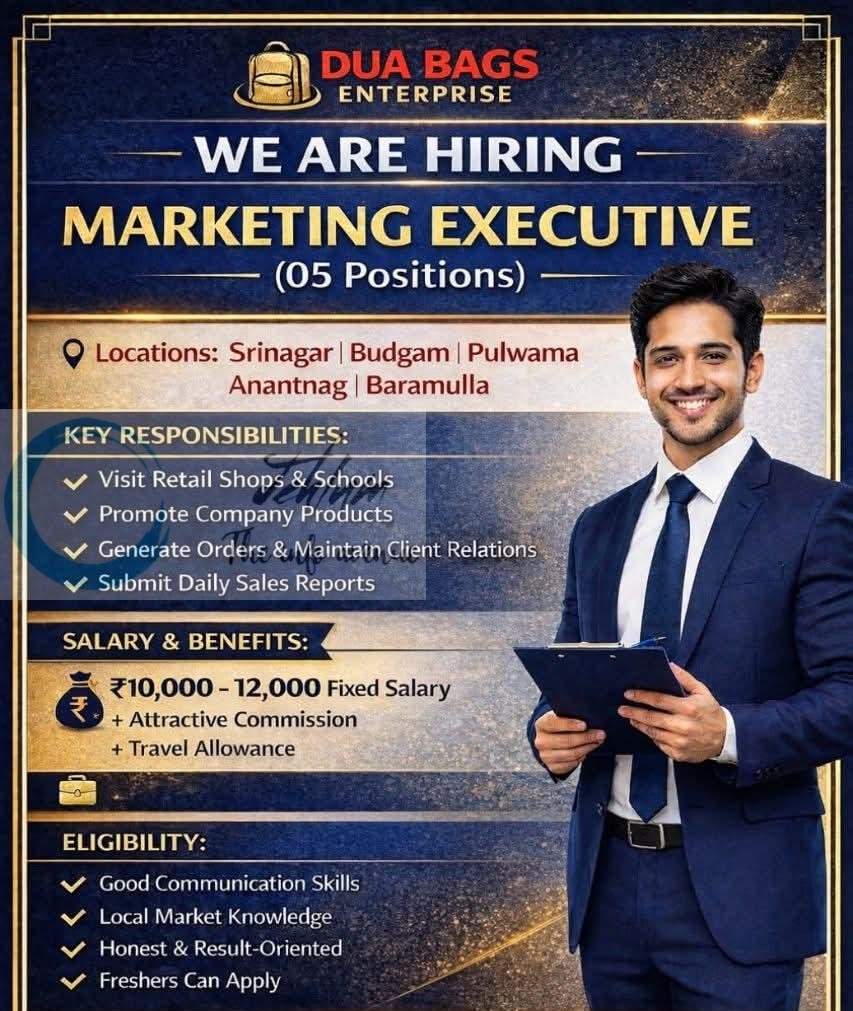 Dua Bags Enterprise DBE Srinagar/Budgam/Pulwama/Anantnag/Baramulla Marketing Executive job opportunities 2026