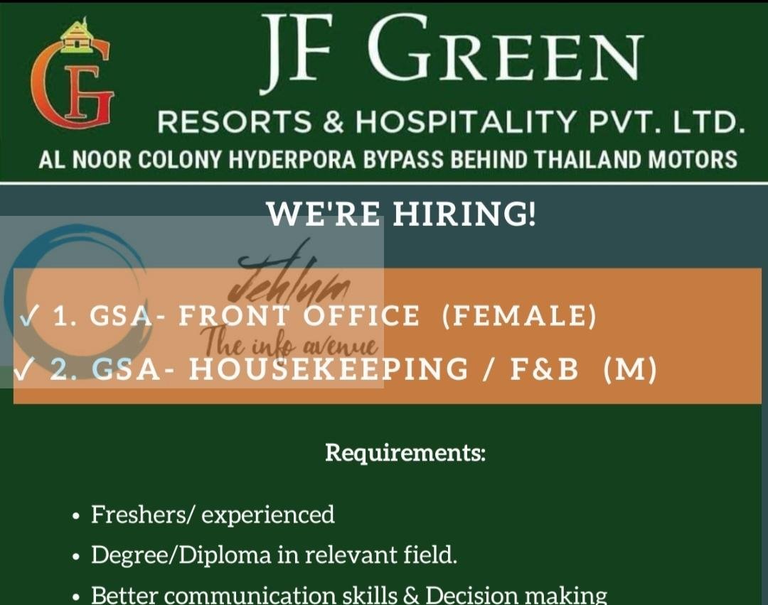 JF Green Resorts Srinagar Jobs Opportunities 2026