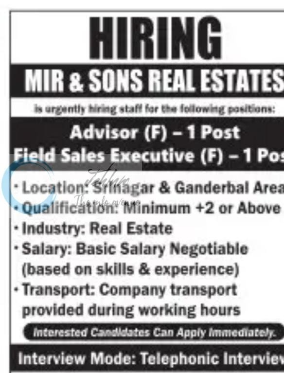 Mir and Sons Real Estates Srinagar Advisor/ Field Sales Executive job opportunities 2026