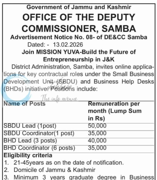 Deputy Commissioner Samba SBDU Lead/ SBDU Coordinator/ BHD Lead Jobs Advertisement Notice No 08 of DE&CC 1 Deputy Commissioner Samba SBDU Lead/ SBDU Coordinator/ BHD Lead Jobs Advertisement Notice No 08 of DE&CC