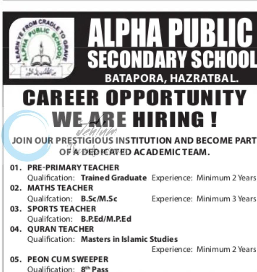 Alpha Public Secondary School APSS hazratbal teaching job opportunities 2026
