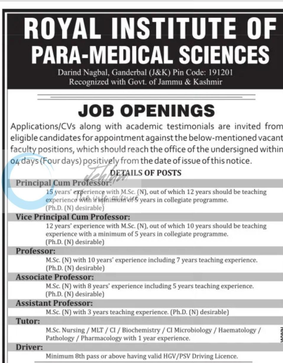 ROYAL INSTITUTE OF PARA-MEDICAL SCIENCES RIMS GANDERBAL faculty job opportunities notice RIMS/GBL/400