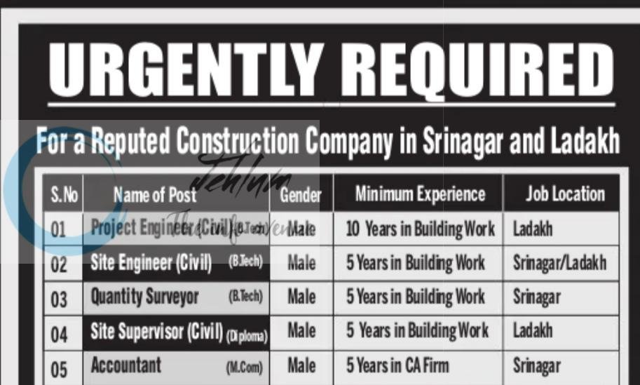Abraq Construction Srinagar staff job opportunities 2026