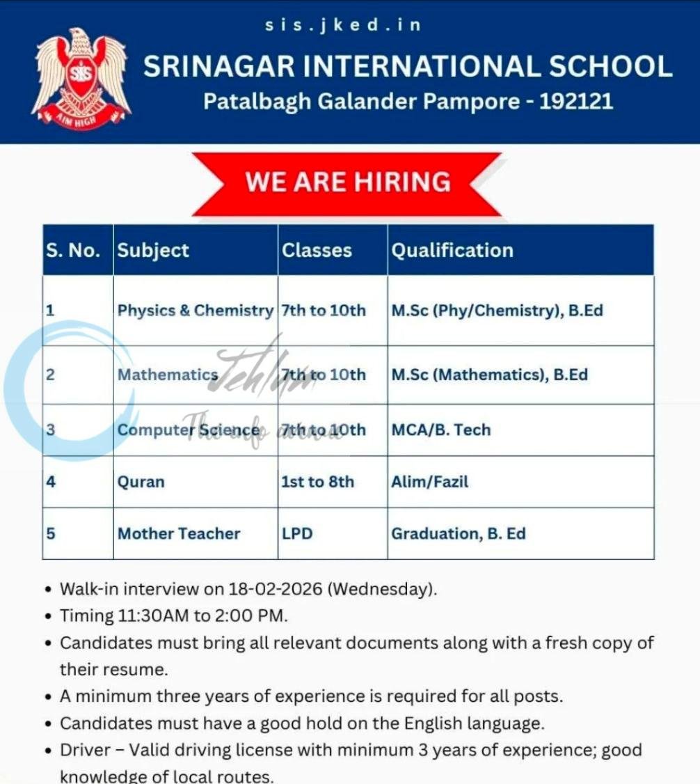 Srinagar International School SIS Pampore teaching job opportunities 2026