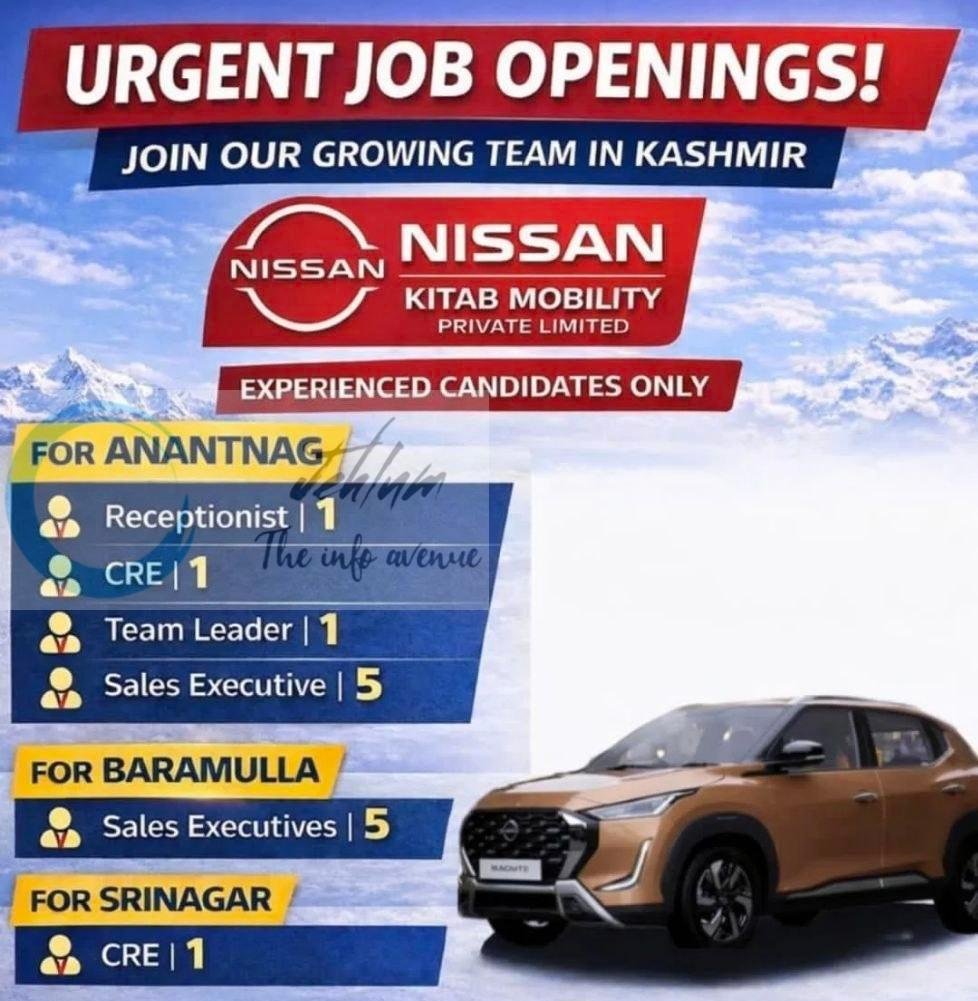 Nissan Kitab Mobility Private Limited Anantnag/srinagar /baramulla staff job opportunities 2026