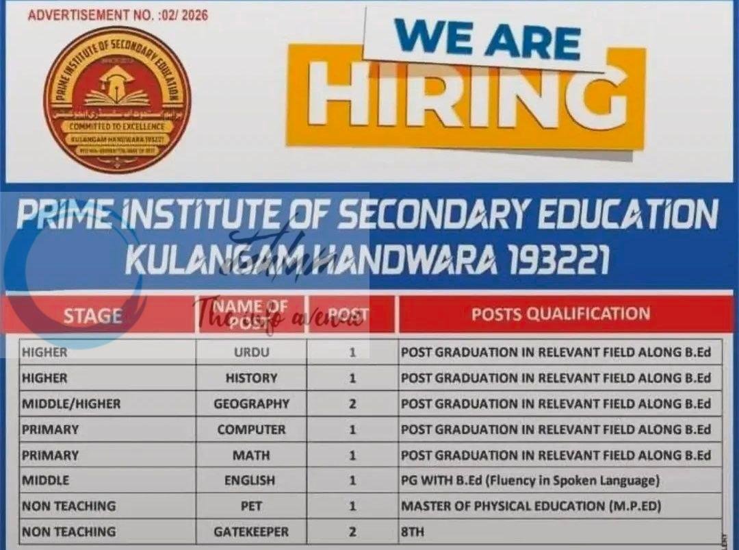 Prime Institute of Secondary Education PISE Kulangam handwara teaching job opportunities notice 02/2026