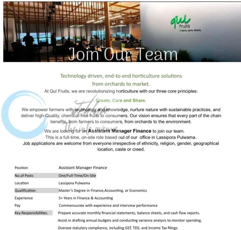 Qul Fruits Pulwama Assistant Manager Finance job opportunities 2026