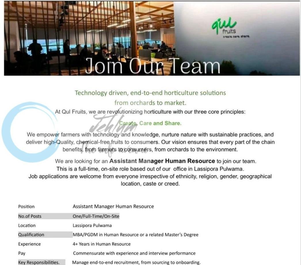 Qul Fruits PUL Lassipora Assistant Manager Human Resource job opportunities 2026 1 Qul Fruits PUL Lassipora Assistant Manager Human Resource job opportunities 2026