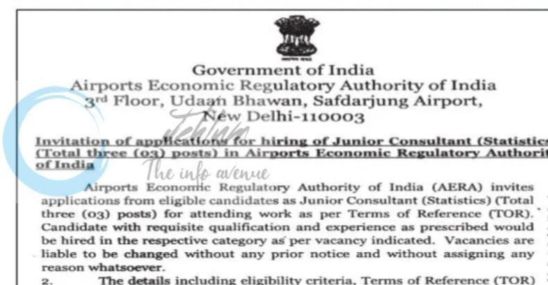 Airports Economic Regulatory Authority of India AERA New Delhi Junior Consultant Statistics employement opportunities 2026 1 Airports Economic Regulatory Authority of India AERA New Delhi Junior Consultant Statistics employement opportunities 2026