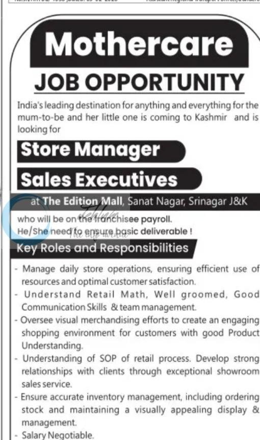 Mothercare Srinagar Store Manager/Sales Executives job opportunities 2026