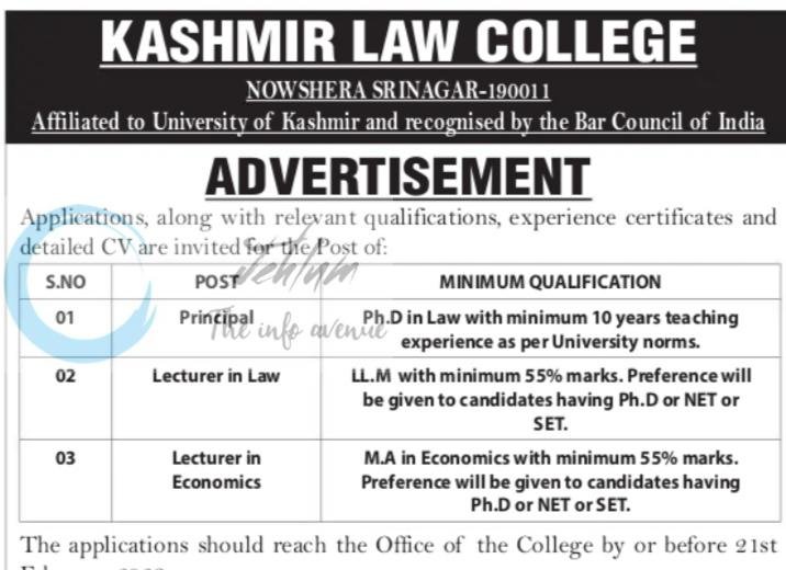 Kashmir Law College KLC Srinagar faculty job opportunities 2026