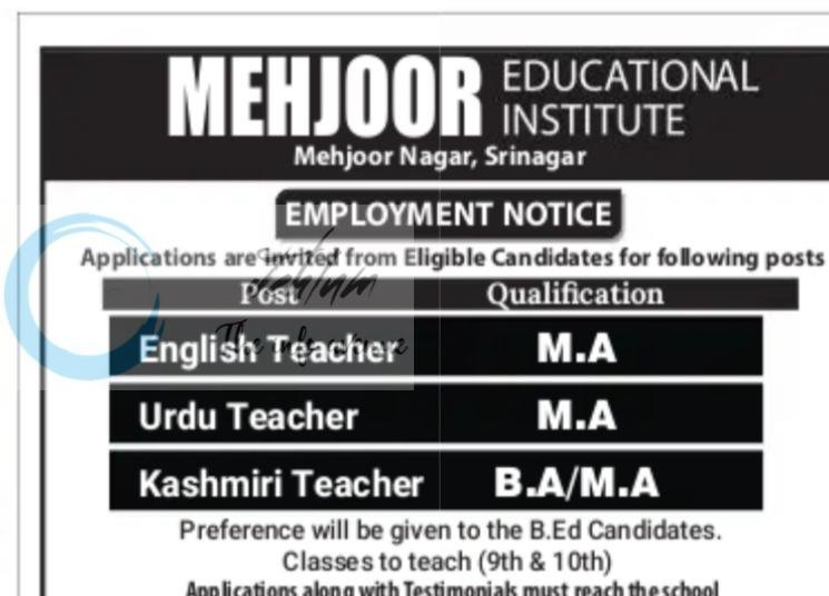 Mehjoor Educational Institute MEI Srinagar teaching job opportunities 2026