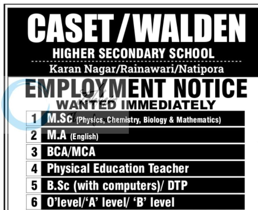 CASET WALDEN Srinagar teaching job opportunities 2026