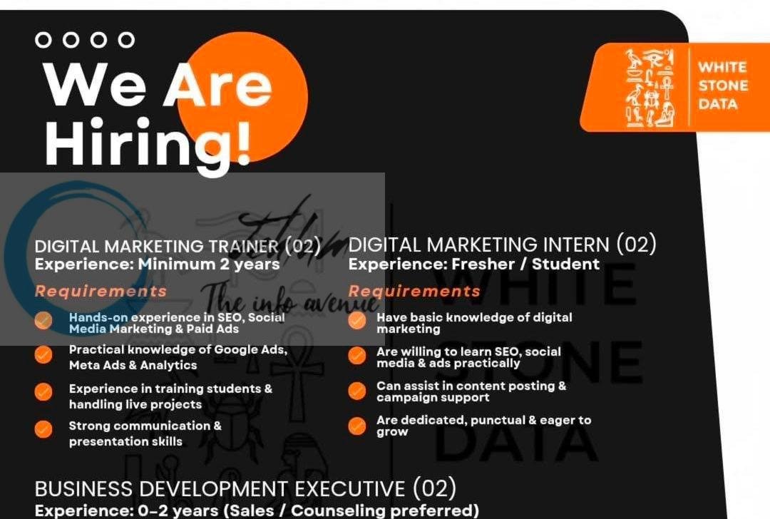 White Stone Data WSD Srinagar Digital Marketing Trainer/Digital Marketing Intern/ Business Development Executive job opportunities 2026