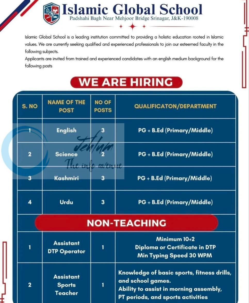 Islamic Global School IGS Srinagar education job opportunities 2026