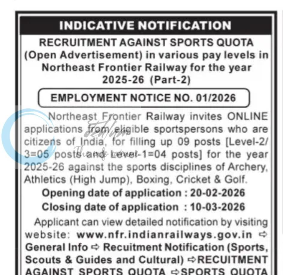 Northeast Frontier Railway NFR Guwahati Sports Quota employment opportunities 01/2026