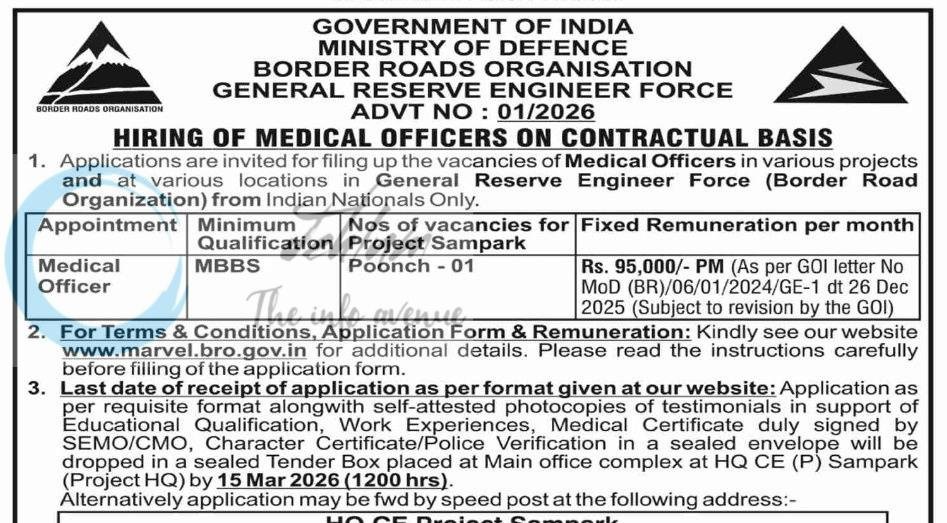 Border Roads Organisation BRO Jammu Medical Officer job opportunities notice 01/2026