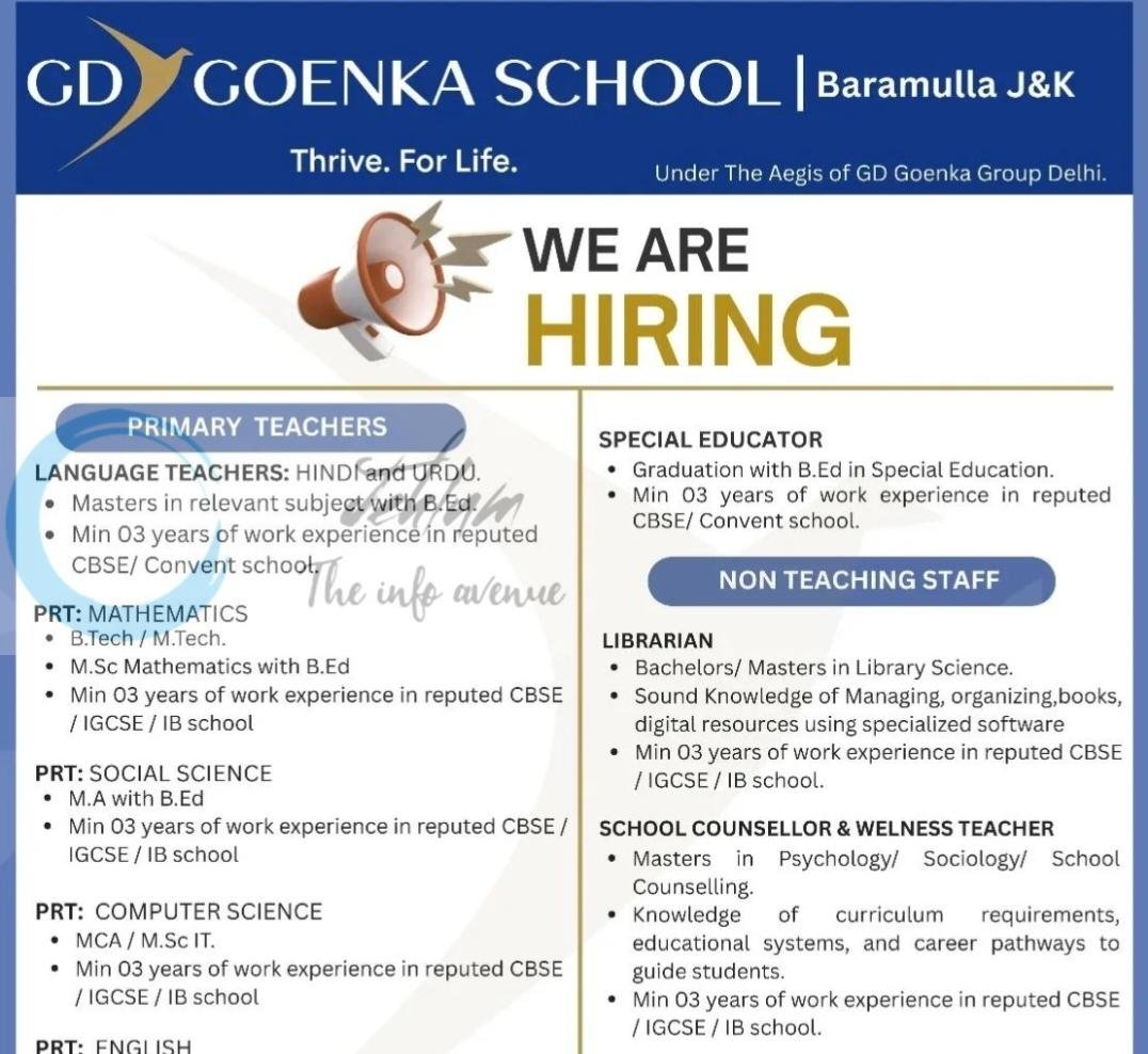 GD Goenka School Baramulla Jobs Advertisement 2026