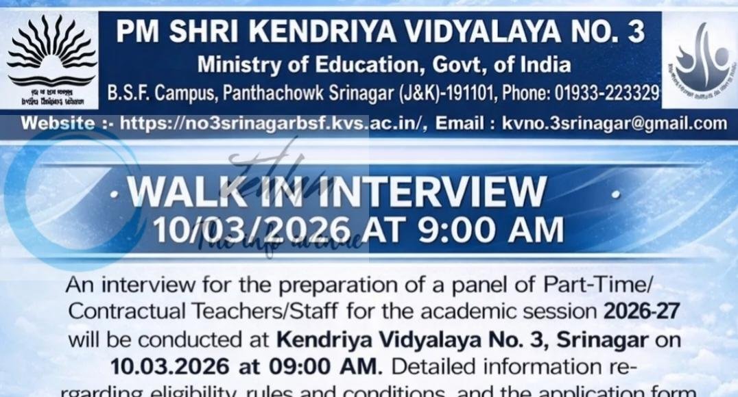 Kendriya Vidyalaya No 3 KVS Srinagar Jobs Openings 2026