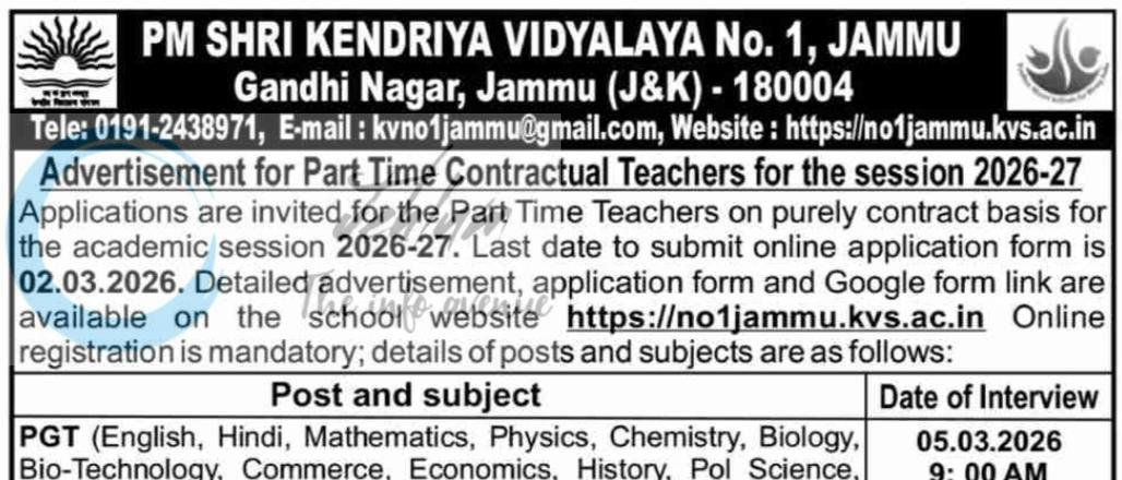 Kendriya Vidyalaya No 1 KV1 Jammu Jobs Advertisement 2026