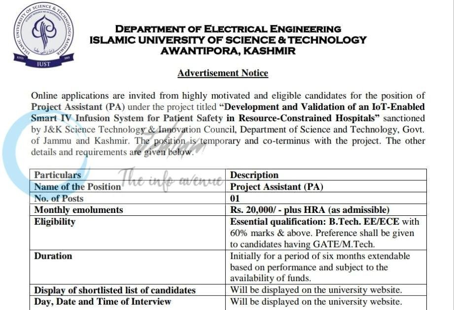 Islamic University of Science and Technology IUST Awantipora Project Assistant job opportunities 2026