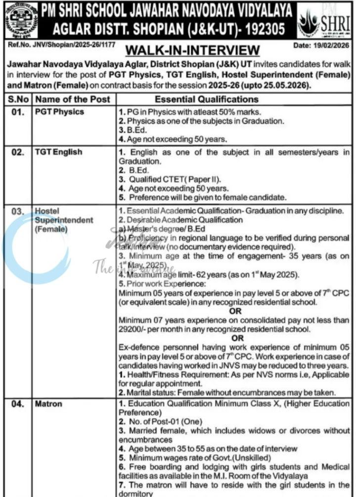 Jawahar Navodaya Vidyalaya JNV Shopian teaching Jobs Opportunities notice JNV/Shopian/2025-26/1177 1 Jawahar Navodaya Vidyalaya JNV Shopian teaching job opportunities notice JNV/Shopian/2025–26/1177