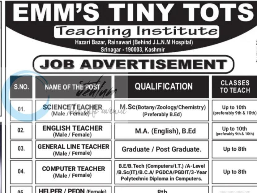 EMMS TINY TOTS Teaching Institute ETTTI Srinagar teaching job opportunities notice EMS/Advt/01/2026