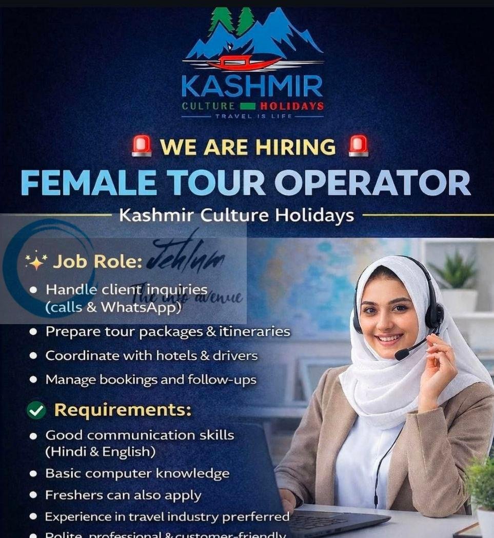 Kashmir Culture Holidays Srinagar Female Tour Operator job opportunities 2026