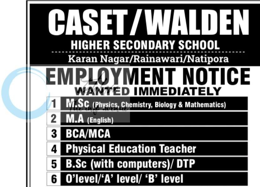 CASET WALDEN Higher Secondary School Srinagar teaching job opportunities 2026
