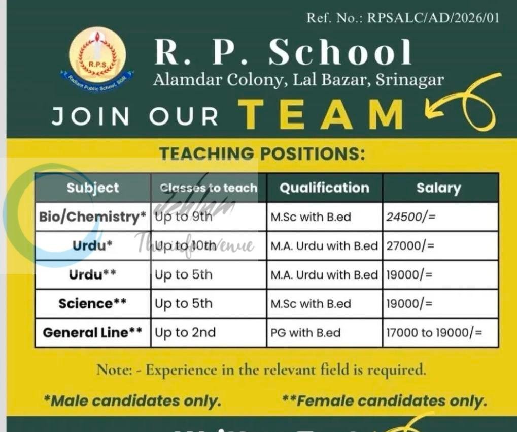 R P School RPS Srinagar teaching job opportunities notice RPSALC/AD/2026/01