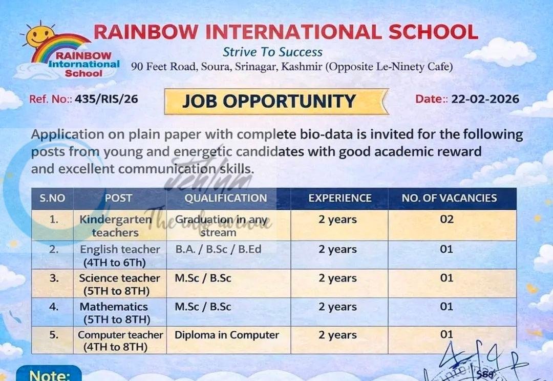 Rainbow International School RIS Srinagar teaching job opportunities notice 435/RIS/26