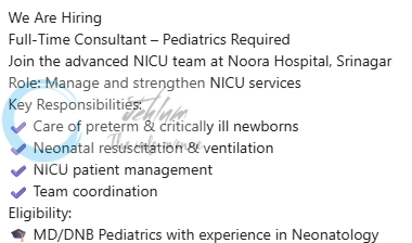 Noora Hospital Srinagar Pediatrics Consultant Job Vacancy 2026