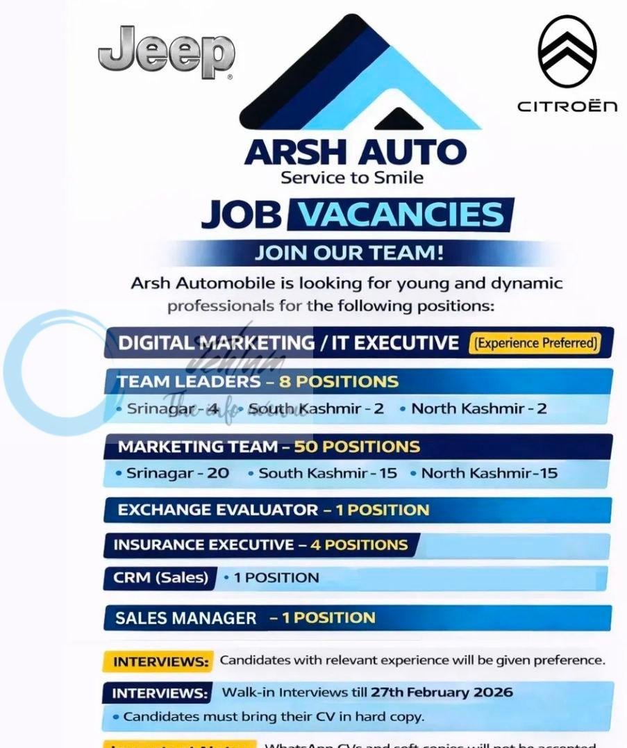 ARSH AUTOMOBILES Pvt LTD Srinagar Marketing Team Leaders/CRM/Sales job opportunities 2026