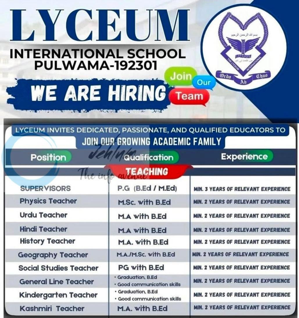 Lyceum International School LIS Pulwama Supervisors Teachers job opportunities 2026
