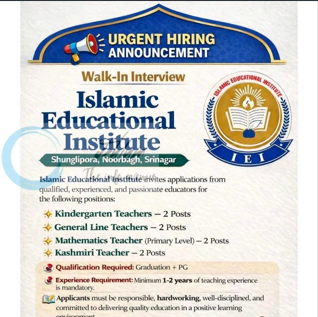 Islamic Educational Institute IEI Srinagar Kindergarten Teachers General Line Teachers job opportunities 2026