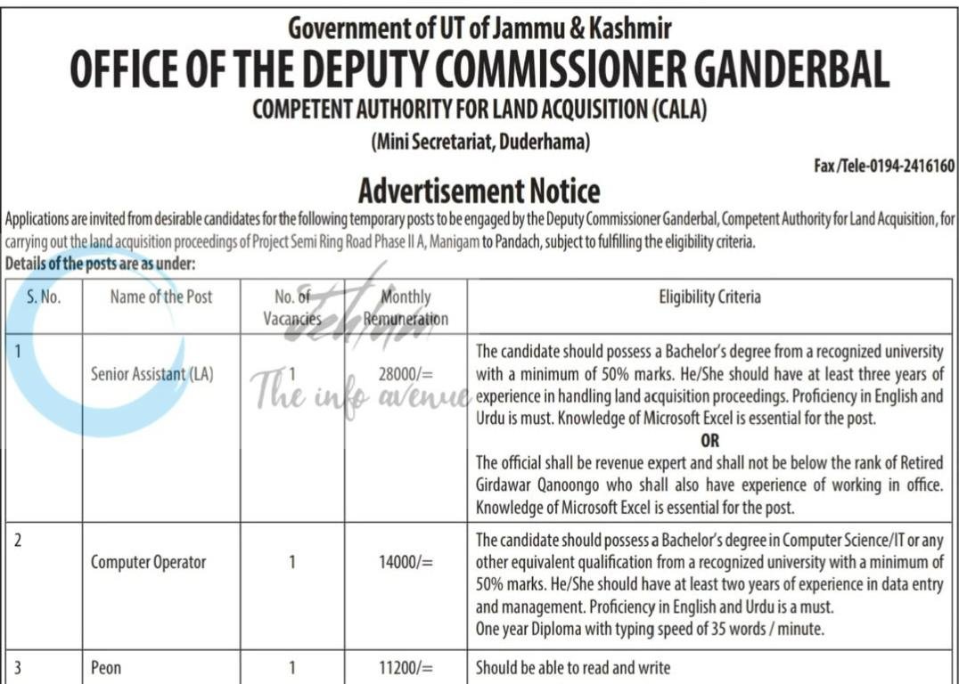 Office of the Deputy Commissioner DC Ganderbal Senior Assistant/ Computer Operator/ Peon Jobs Advertisement DIPK-11244-25 2026 1 Office of the Deputy Commissioner DC Ganderbal Senior Assistant/ Computer Operator/ Peon Jobs Advertisement DIPK-11244-25 2026