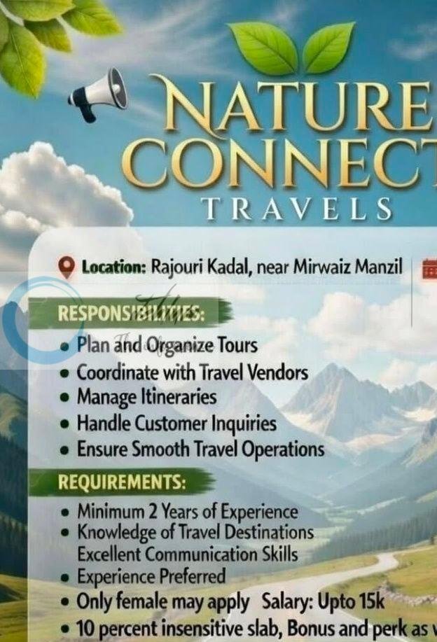 Nature Connect Travels NCT Srinagar Tour Planner/Travel Coordinator job opportunities 2026