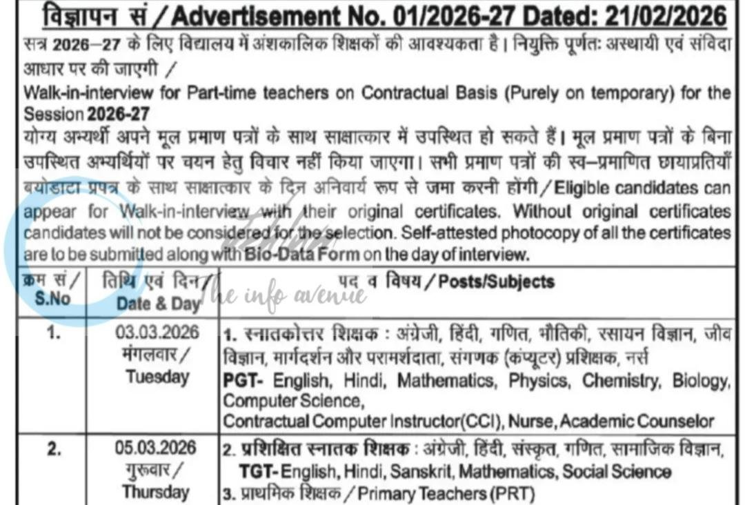 Kendriya Vidyalaya Baramulla KVB Jobs Advertisement No 01/2026-27