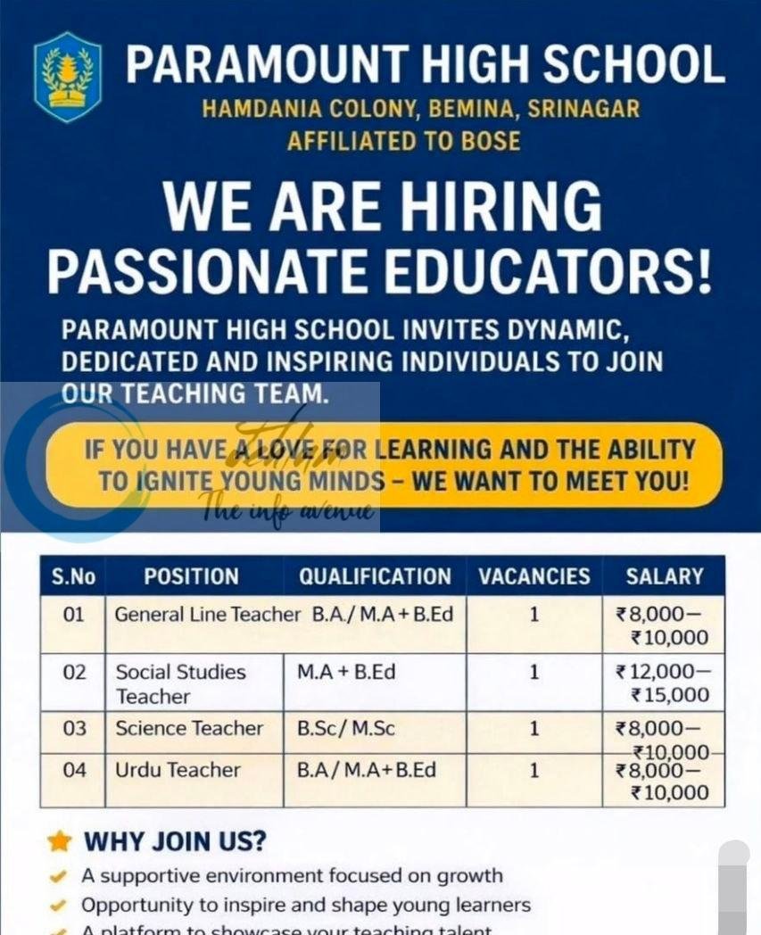 Paramount High School PHS Srinagar teaching job opportunities 2026