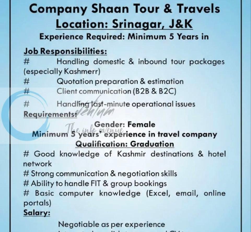 Shaan Tour and Travels STT Srinagar Tour Package Specialist job opportunities 2026