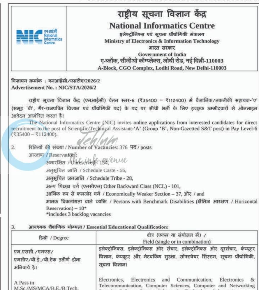 National Informatics Centre NIC New Delhi Scientific/Technical Assistant A job opportunities Notice NIC/STA/2026/2