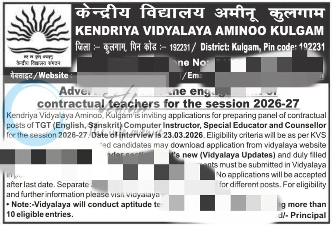 Kendriya Vidyalaya Aminoo Kulgam KV Kulgam TGT Computer Instructor Special Educator Counsellor JOB OPPORTUNITIES 2026