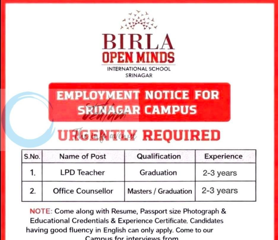 Birla Open Minds International School BOMIS Srinagar teaching job opportunities 2026