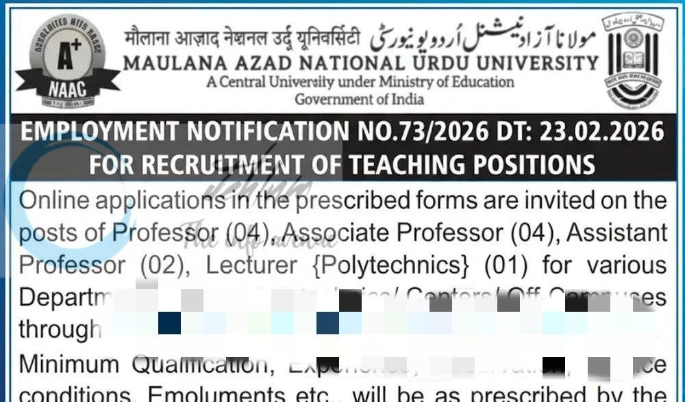 Maulana Azad National Urdu University MANUU Hyderabad teaching job opportunities notice 73/2026